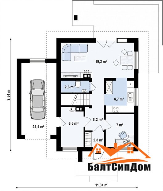 Проект дома, план первого этажа с гаражом